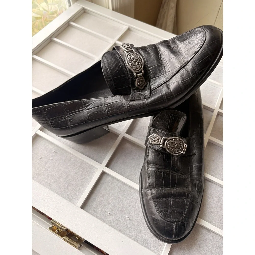 VTG‎ Vero Cuoio Black Croc Embossed Italian Leather Loafers Silver Buckle Sz 9M